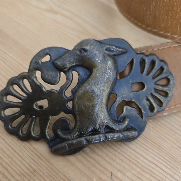 Vintage 70s Calderon Tan Leather Belt w/ Brass Deer Buckle – Size M - Picture 6 of 8